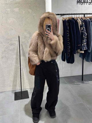 Luxury Voluminous Fur Zipper Hooded Cropped Jacket