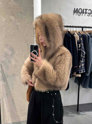 Luxury Voluminous Fur Zipper Hooded Cropped Jacket