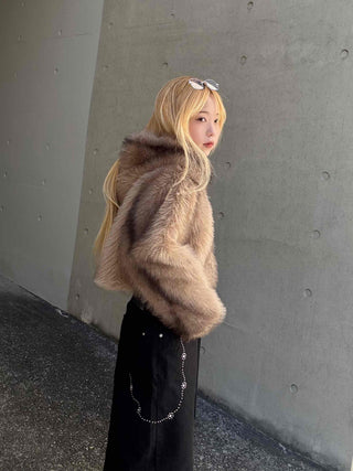 Luxury Voluminous Fur Zipper Hooded Cropped Jacket