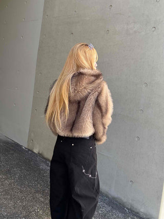Luxury Voluminous Fur Zipper Hooded Cropped Jacket