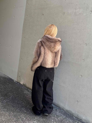Luxury Voluminous Fur Zipper Hooded Cropped Jacket