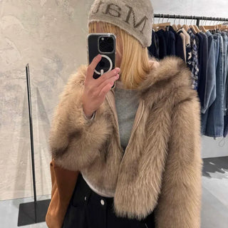 Luxury Voluminous Fur Zipper Hooded Cropped Jacket