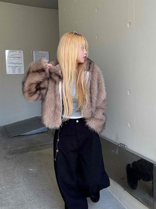 Luxury Voluminous Fur Zipper Hooded Cropped Jacket