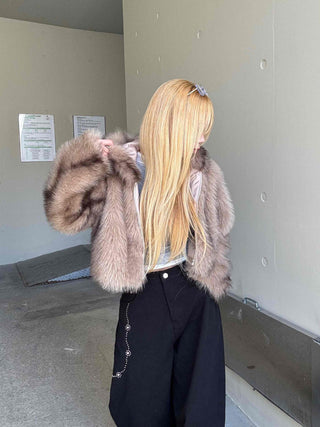 Luxury Voluminous Fur Zipper Hooded Cropped Jacket