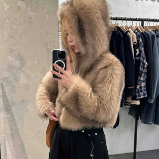 Luxury Voluminous Fur Zipper Hooded Cropped Jacket