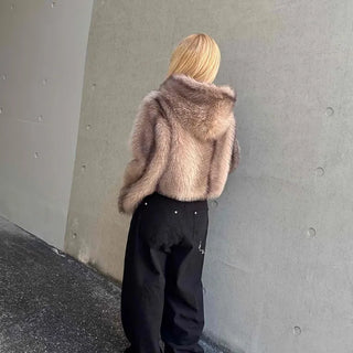 Luxury Voluminous Fur Zipper Hooded Cropped Jacket