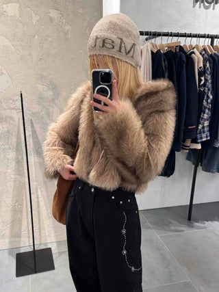 Luxury Voluminous Fur Zipper Hooded Cropped Jacket