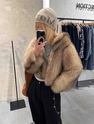 Luxury Voluminous Fur Zipper Hooded Cropped Jacket