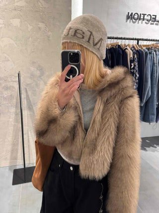 Luxury Voluminous Fur Zipper Hooded Cropped Jacket