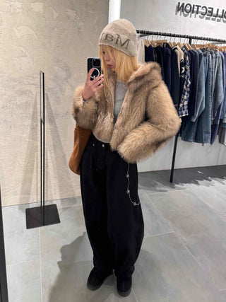 Luxury Voluminous Fur Zipper Hooded Cropped Jacket