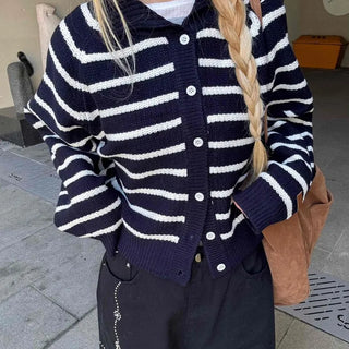 Striped Collared Neck Voluminous Sleeve Knit Cardigan