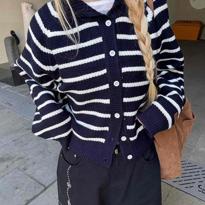 Striped Collared Neck Voluminous Sleeve Knit Cardigan