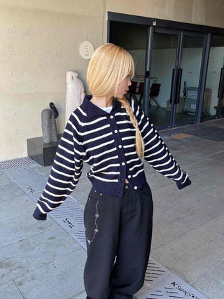 Striped Collared Neck Voluminous Sleeve Knit Cardigan