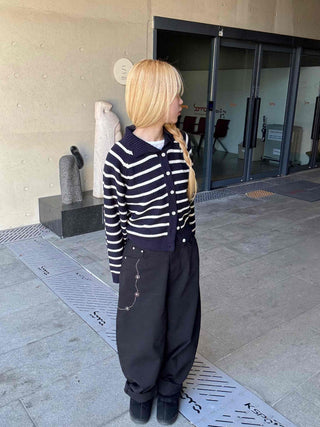 Striped Collared Neck Voluminous Sleeve Knit Cardigan