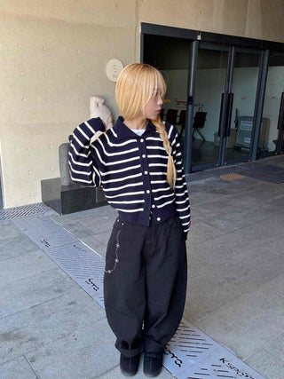 Striped Collared Neck Voluminous Sleeve Knit Cardigan