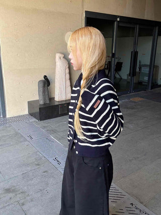 Striped Collared Neck Voluminous Sleeve Knit Cardigan