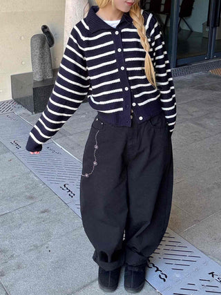 Striped Collared Neck Voluminous Sleeve Knit Cardigan
