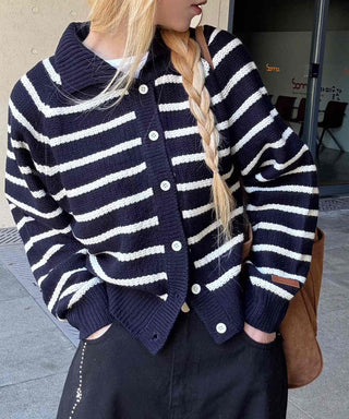 Striped Collared Neck Voluminous Sleeve Knit Cardigan
