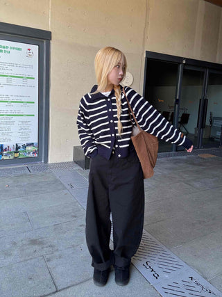 Striped Collared Neck Voluminous Sleeve Knit Cardigan