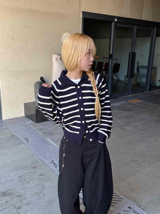 Striped Collared Neck Voluminous Sleeve Knit Cardigan