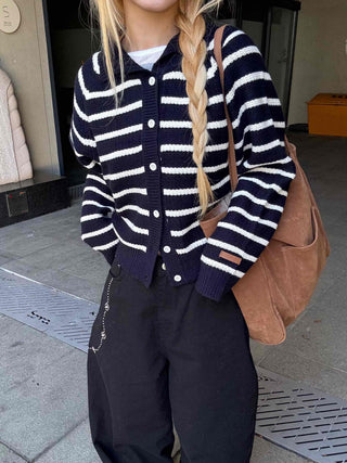 Striped Collared Neck Voluminous Sleeve Knit Cardigan