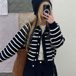 Striped Collared Neck Voluminous Sleeve Knit Cardigan