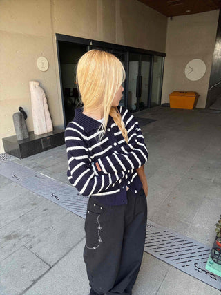 Striped Collared Neck Voluminous Sleeve Knit Cardigan