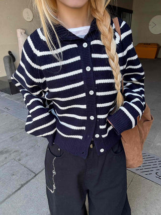 Striped Collared Neck Voluminous Sleeve Knit Cardigan