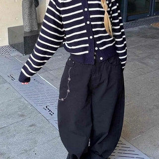 Striped Collared Neck Voluminous Sleeve Knit Cardigan