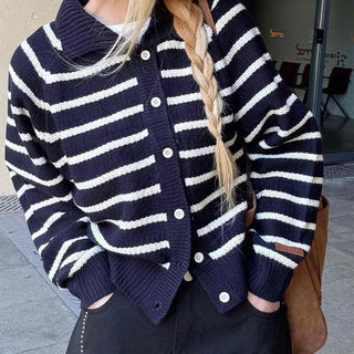 Striped Collared Neck Voluminous Sleeve Knit Cardigan