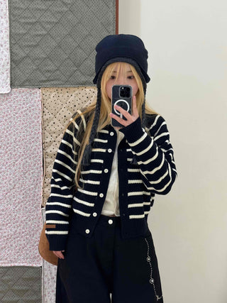 Striped Collared Neck Voluminous Sleeve Knit Cardigan