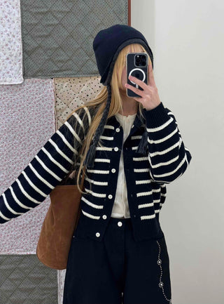 Striped Collared Neck Voluminous Sleeve Knit Cardigan