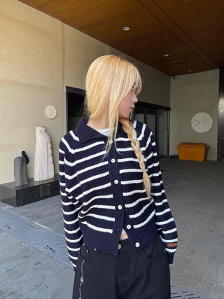 Striped Collared Neck Voluminous Sleeve Knit Cardigan