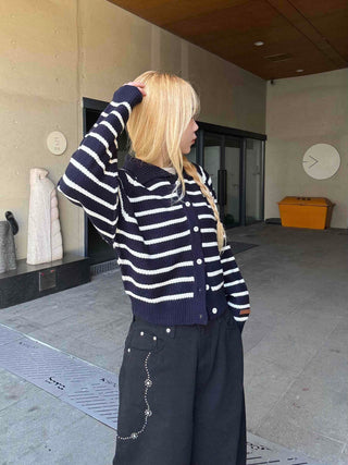 Striped Collared Neck Voluminous Sleeve Knit Cardigan