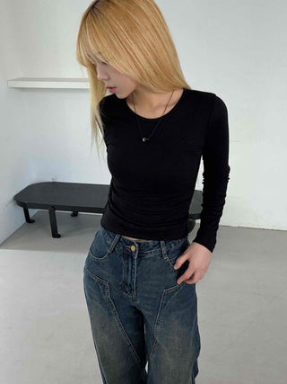 Soft Slim Fit Side Shirred Round Neck Ribbed T-shirt