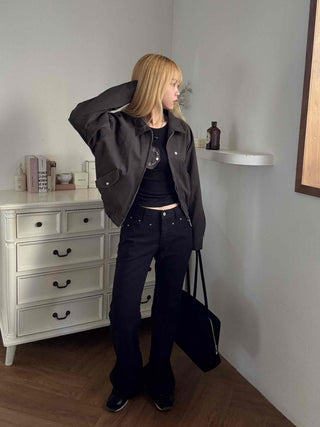 Studded Point Cropped Banded Suede Jacket