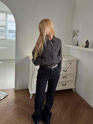 Studded Point Cropped Banded Suede Jacket