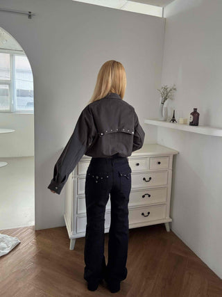 Studded Point Cropped Banded Suede Jacket