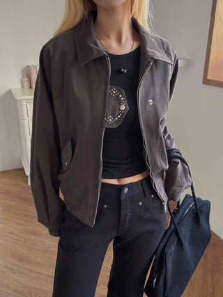 Studded Point Cropped Banded Suede Jacket