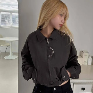 Studded Point Cropped Banded Suede Jacket