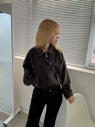 Studded Point Cropped Banded Suede Jacket