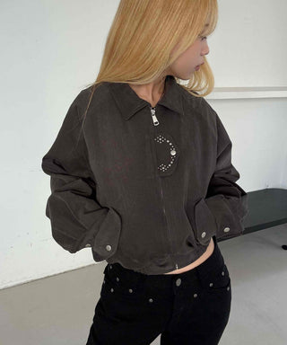 Studded Point Cropped Banded Suede Jacket