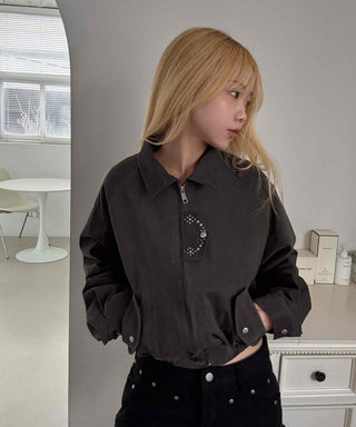Studded Point Cropped Banded Suede Jacket