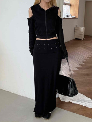 Studded Banding Detail Maxi Long Skirt
