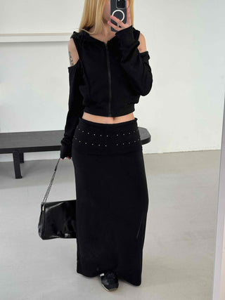 Studded Banding Detail Maxi Long Skirt