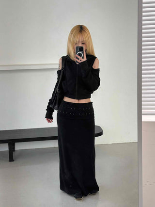 Studded Banding Detail Maxi Long Skirt