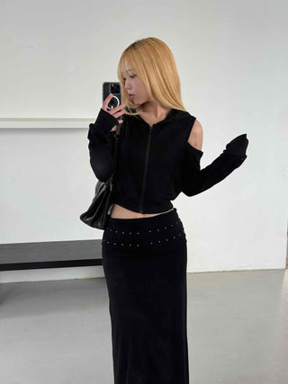 Studded Banding Detail Maxi Long Skirt
