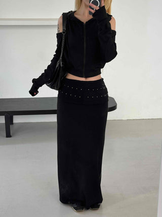 Studded Banding Detail Maxi Long Skirt