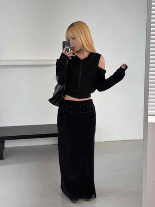 Studded Banding Detail Maxi Long Skirt