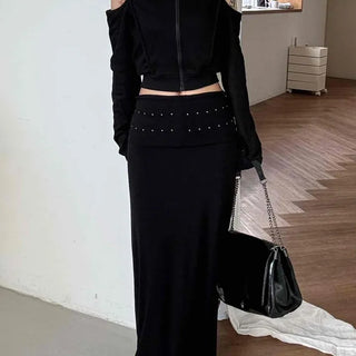 Studded Banding Detail Maxi Long Skirt
